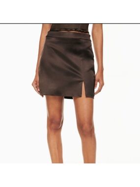 Wilfred Aritzia Satin Mini Skirt with Front Slit - Brown